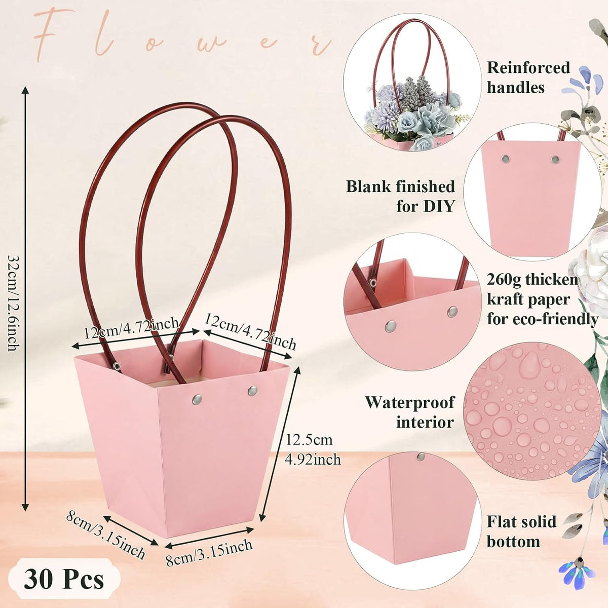 Gilprop 30 Packs Bouquet Bag Kraft Paper Flower Gift Bags with Handle Bouquet Bag Box with Waterproof Lining for Birthday Wedding Party Favors (13.4 x 4.9 x 4.7 x 3.2 Inch,Pink)