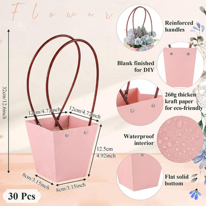 Gilprop 30 Packs Bouquet Bag Kraft Paper Flower Gift Bags with Handle Bouquet Bag Box with Waterproof Lining for Birthday Wedding Party Favors (13.4 x 4.9 x 4.7 x 3.2 Inch,Pink)