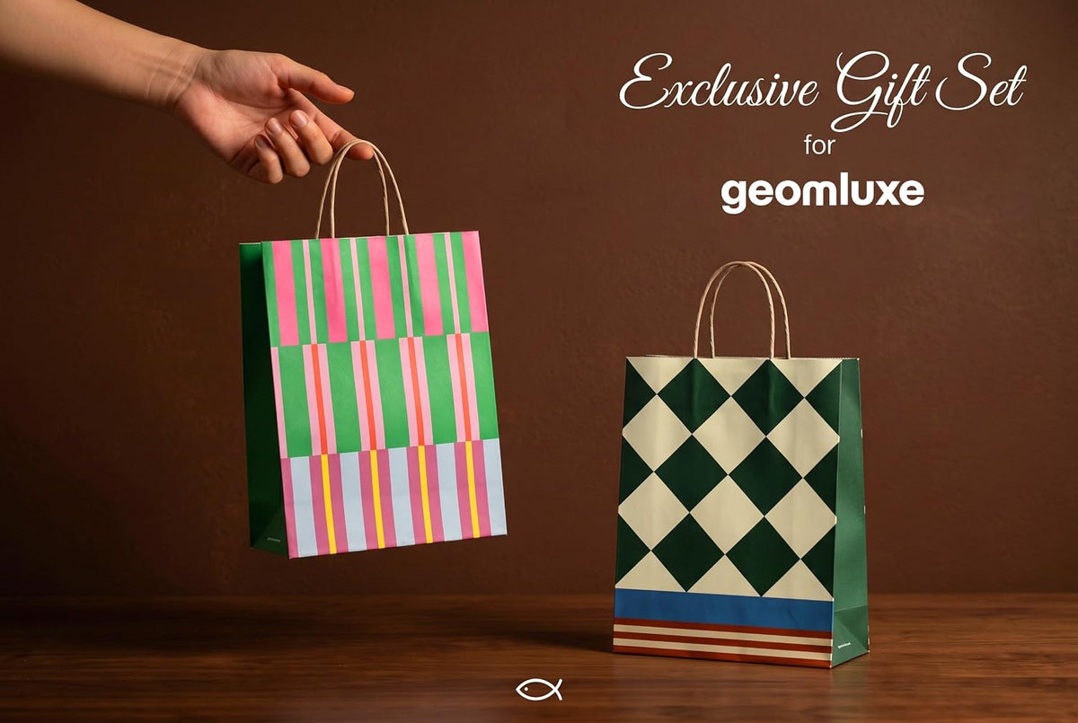 geomluxe Kraft Paper Gift Bags with handles Set of 8 packs – 4 Geometric Colorful Patterns (2 of Each Design), 10.6" Hx8.3 Lx4.3 D – Bulk Party Favor Bags for Birthdays, Weddings, Goodie Bags, Small