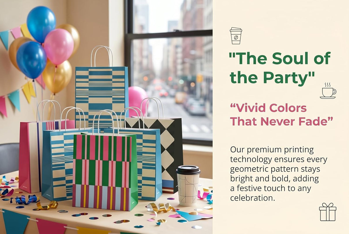 geomluxe Kraft Paper Gift Bags with handles Set of 8 packs – 4 Geometric Colorful Patterns (2 of Each Design), 10.6" Hx8.3 Lx4.3 D – Bulk Party Favor Bags for Birthdays, Weddings, Goodie Bags, Small