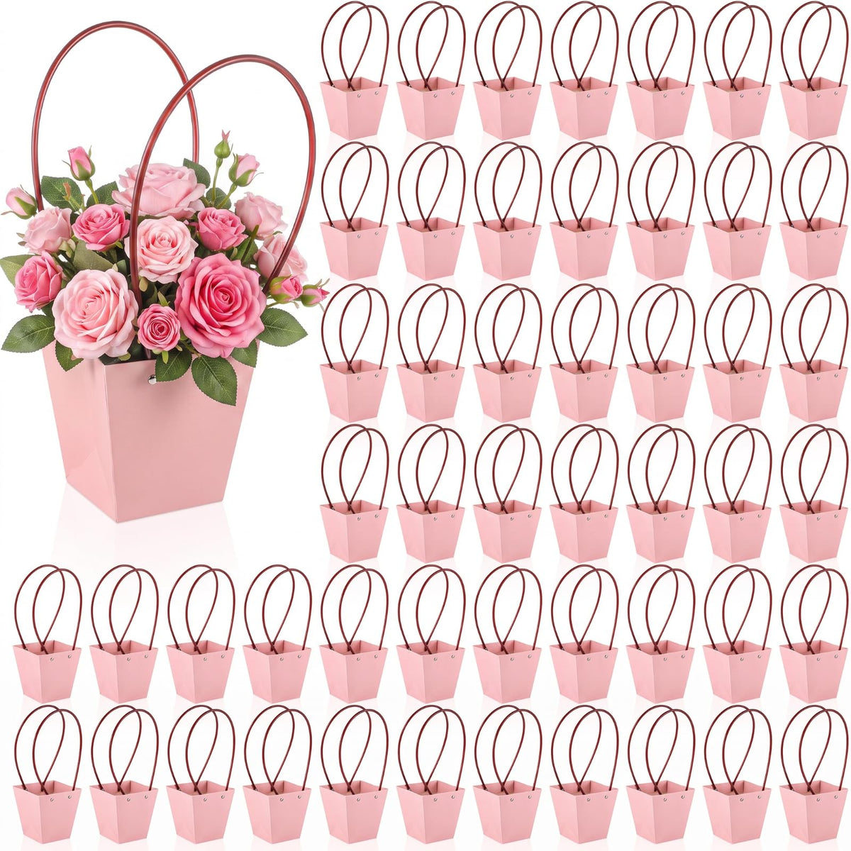 Gilprop 30 Packs Bouquet Bag Kraft Paper Flower Gift Bags with Handle Bouquet Bag Box with Waterproof Lining for Birthday Wedding Party Favors (13.4 x 4.9 x 4.7 x 3.2 Inch,Pink)