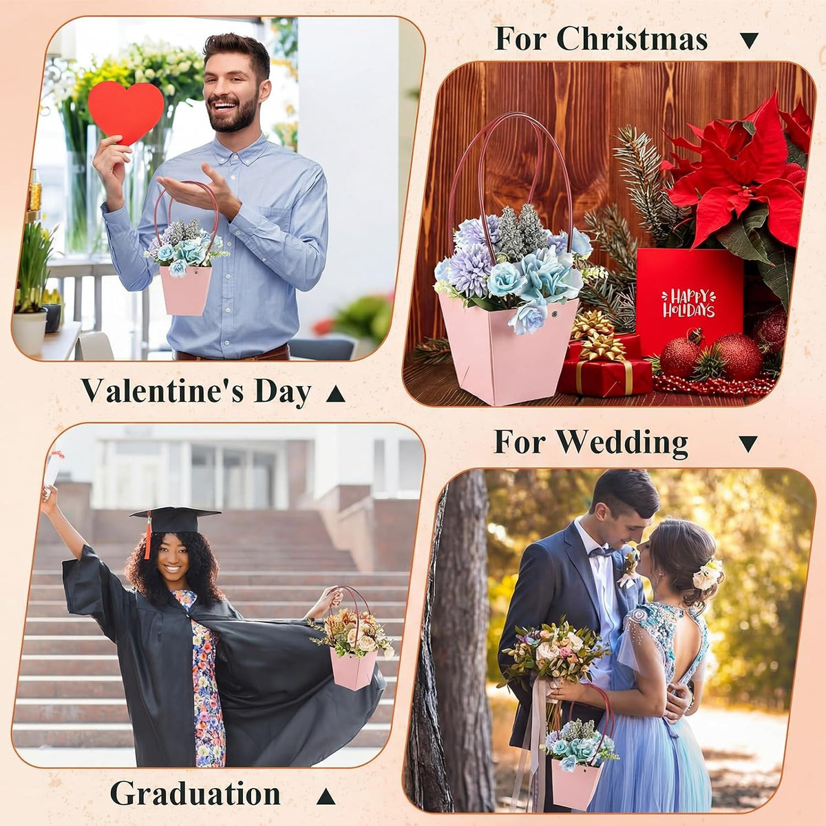 Gilprop 30 Packs Bouquet Bag Kraft Paper Flower Gift Bags with Handle Bouquet Bag Box with Waterproof Lining for Birthday Wedding Party Favors (13.4 x 4.9 x 4.7 x 3.2 Inch,Pink)