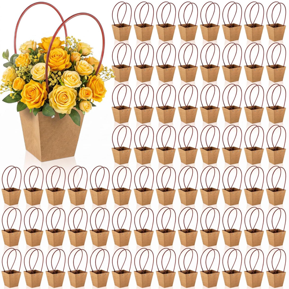 Gilprop 30 Packs Bouquet Bag Kraft Paper Flower Gift Bags with Handle Bouquet Bag Box with Waterproof Lining for Birthday Wedding Party Favors (13.4 x 4.9 x 4.7 x 3.2 Inch,Pink)