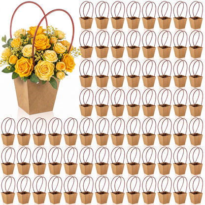 Gilprop 30 Packs Bouquet Bag Kraft Paper Flower Gift Bags with Handle Bouquet Bag Box with Waterproof Lining for Birthday Wedding Party Favors (13.4 x 4.9 x 4.7 x 3.2 Inch,Pink)