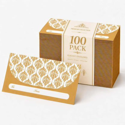 XXINMOH 100 Pack Gold Money Envelopes for Cash Gifts (7x3 Inch), Fancy Decorative Design Money Holder for Christmas, Birthday, Graduations, Weddings, Small Money Saving Envelopes, Bulk Value Pack
