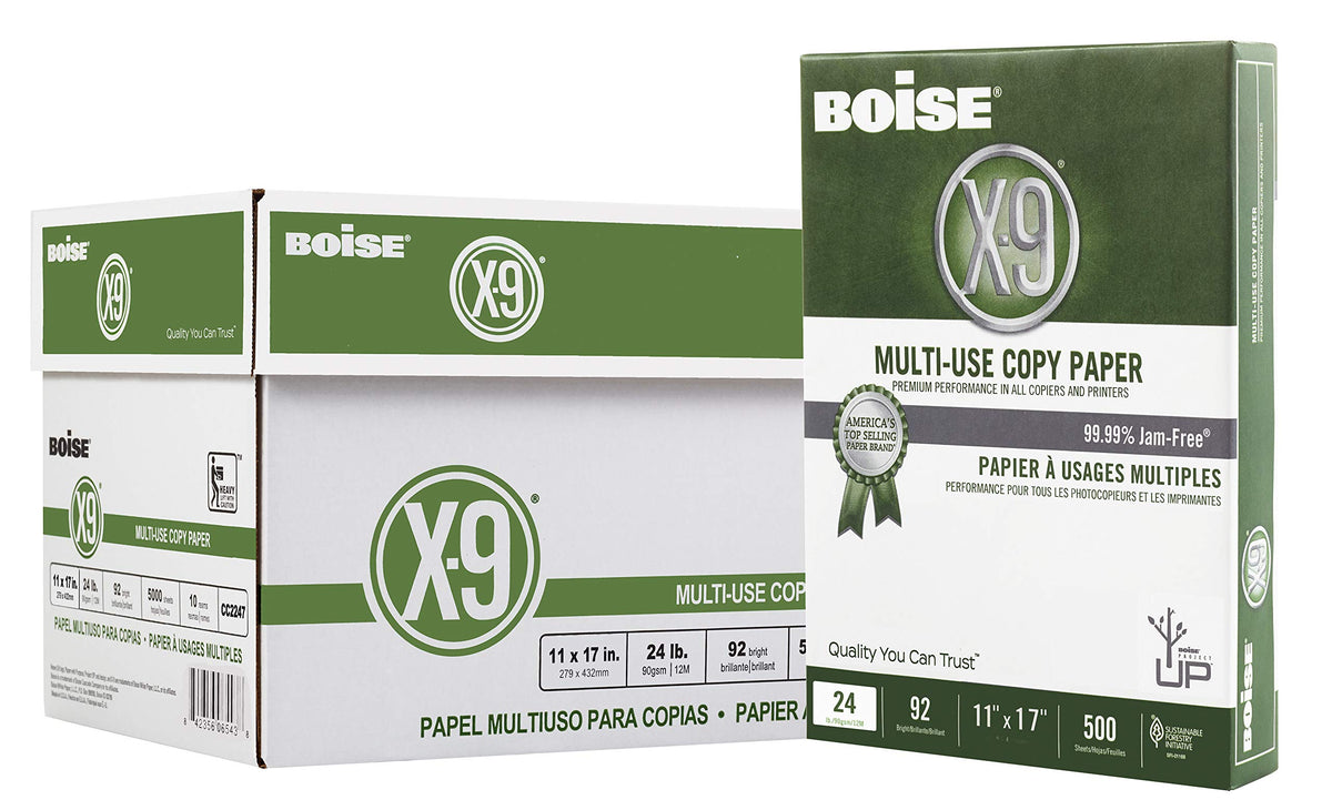 Boise X-9 Multi-Use Printer & Copy Paper, 5 Reams, White, Ledger (11in x 17in), 2500 Sheets Per Case, 20 Lb, 92 Brightness