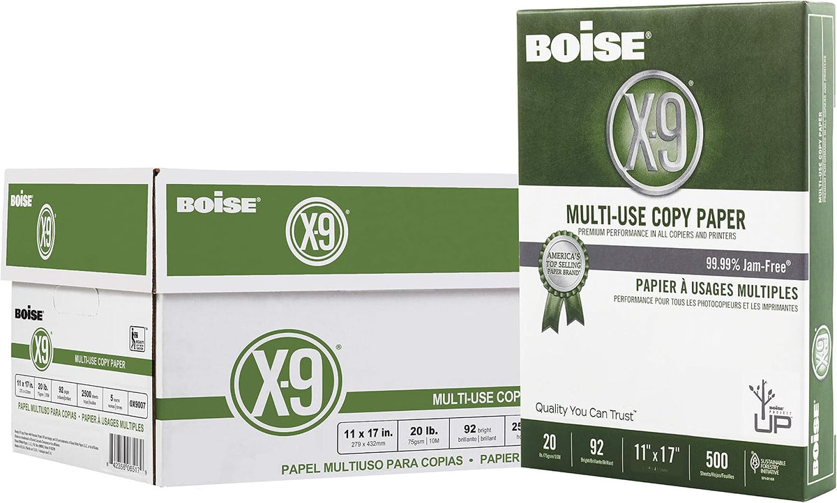 Boise X-9 Multi-Use Printer & Copy Paper, 5 Reams, White, Ledger (11in x 17in), 2500 Sheets Per Case, 20 Lb, 92 Brightness