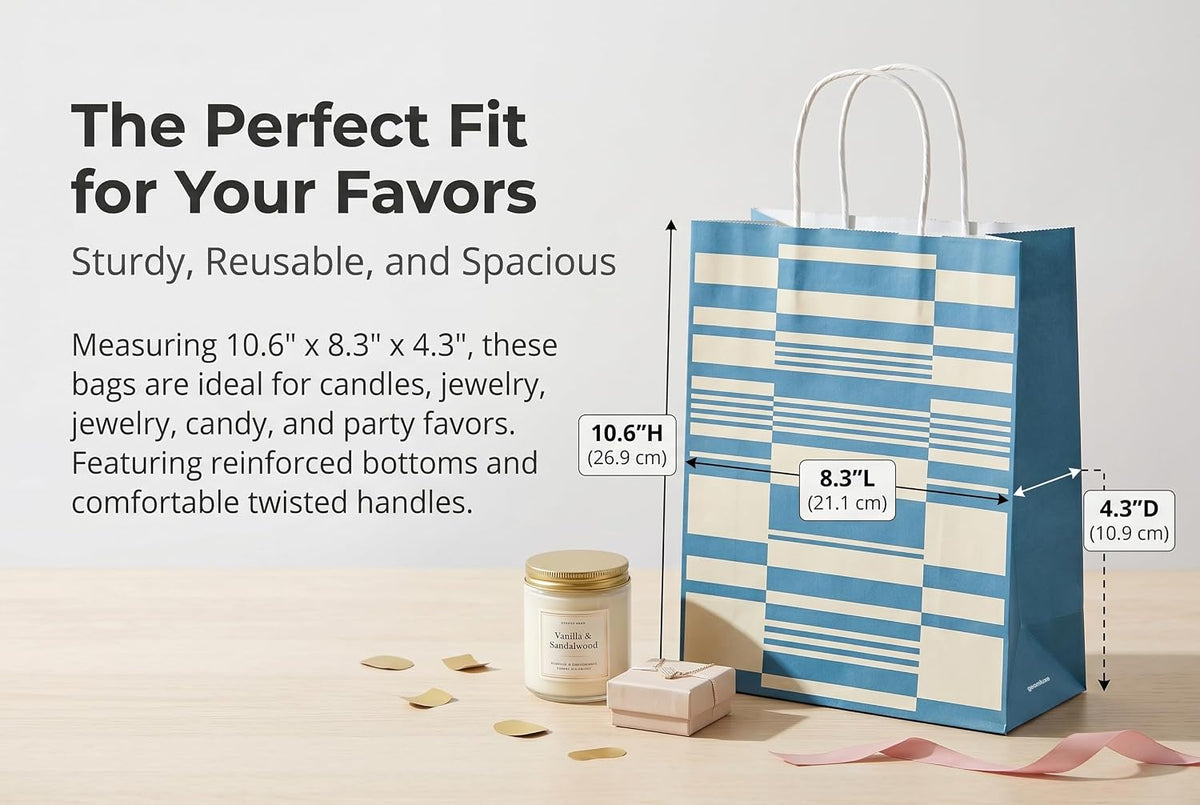 geomluxe Kraft Paper Gift Bags with handles Set of 8 packs – 4 Geometric Colorful Patterns (2 of Each Design), 10.6" Hx8.3 Lx4.3 D – Bulk Party Favor Bags for Birthdays, Weddings, Goodie Bags, Small