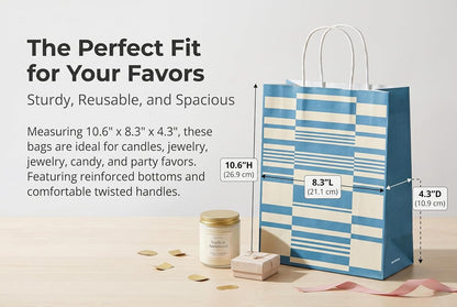 geomluxe Kraft Paper Gift Bags with handles Set of 8 packs – 4 Geometric Colorful Patterns (2 of Each Design), 10.6" Hx8.3 Lx4.3 D – Bulk Party Favor Bags for Birthdays, Weddings, Goodie Bags, Small