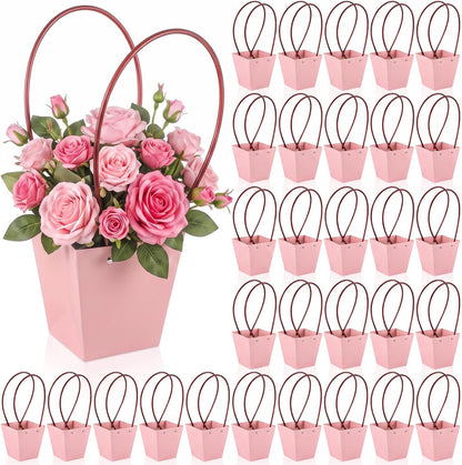 Gilprop 30 Packs Bouquet Bag Kraft Paper Flower Gift Bags with Handle Bouquet Bag Box with Waterproof Lining for Birthday Wedding Party Favors (13.4 x 4.9 x 4.7 x 3.2 Inch,Pink)
