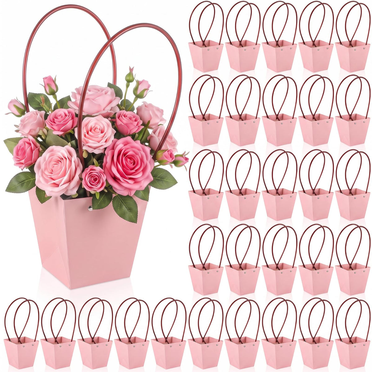 Gilprop 30 Packs Bouquet Bag Kraft Paper Flower Gift Bags with Handle Bouquet Bag Box with Waterproof Lining for Birthday Wedding Party Favors (13.4 x 4.9 x 4.7 x 3.2 Inch,Pink)