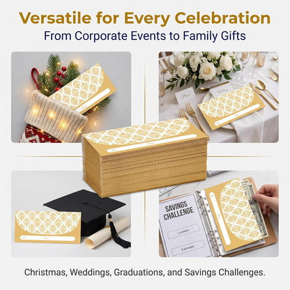 XXINMOH 100 Pack Gold Money Envelopes for Cash Gifts (7x3 Inch), Fancy Decorative Design Money Holder for Christmas, Birthday, Graduations, Weddings, Small Money Saving Envelopes, Bulk Value Pack