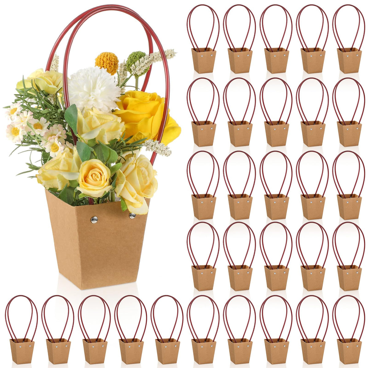 Gilprop 30 Packs Bouquet Bag Kraft Paper Flower Gift Bags with Handle Bouquet Bag Box with Waterproof Lining for Birthday Wedding Party Favors (13.4 x 4.9 x 4.7 x 3.2 Inch,Pink)