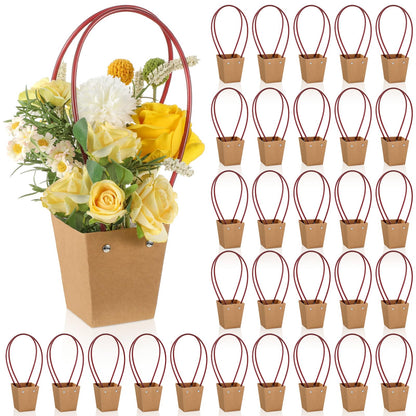 Gilprop 30 Packs Bouquet Bag Kraft Paper Flower Gift Bags with Handle Bouquet Bag Box with Waterproof Lining for Birthday Wedding Party Favors (13.4 x 4.9 x 4.7 x 3.2 Inch,Pink)