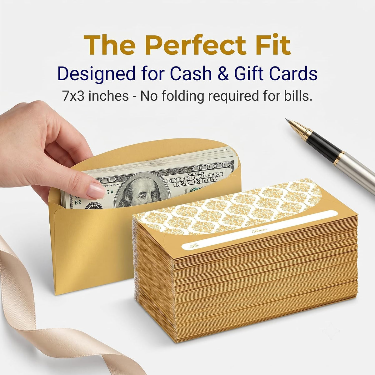 XXINMOH 100 Pack Gold Money Envelopes for Cash Gifts (7x3 Inch), Fancy Decorative Design Money Holder for Christmas, Birthday, Graduations, Weddings, Small Money Saving Envelopes, Bulk Value Pack