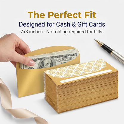 XXINMOH 100 Pack Gold Money Envelopes for Cash Gifts (7x3 Inch), Fancy Decorative Design Money Holder for Christmas, Birthday, Graduations, Weddings, Small Money Saving Envelopes, Bulk Value Pack