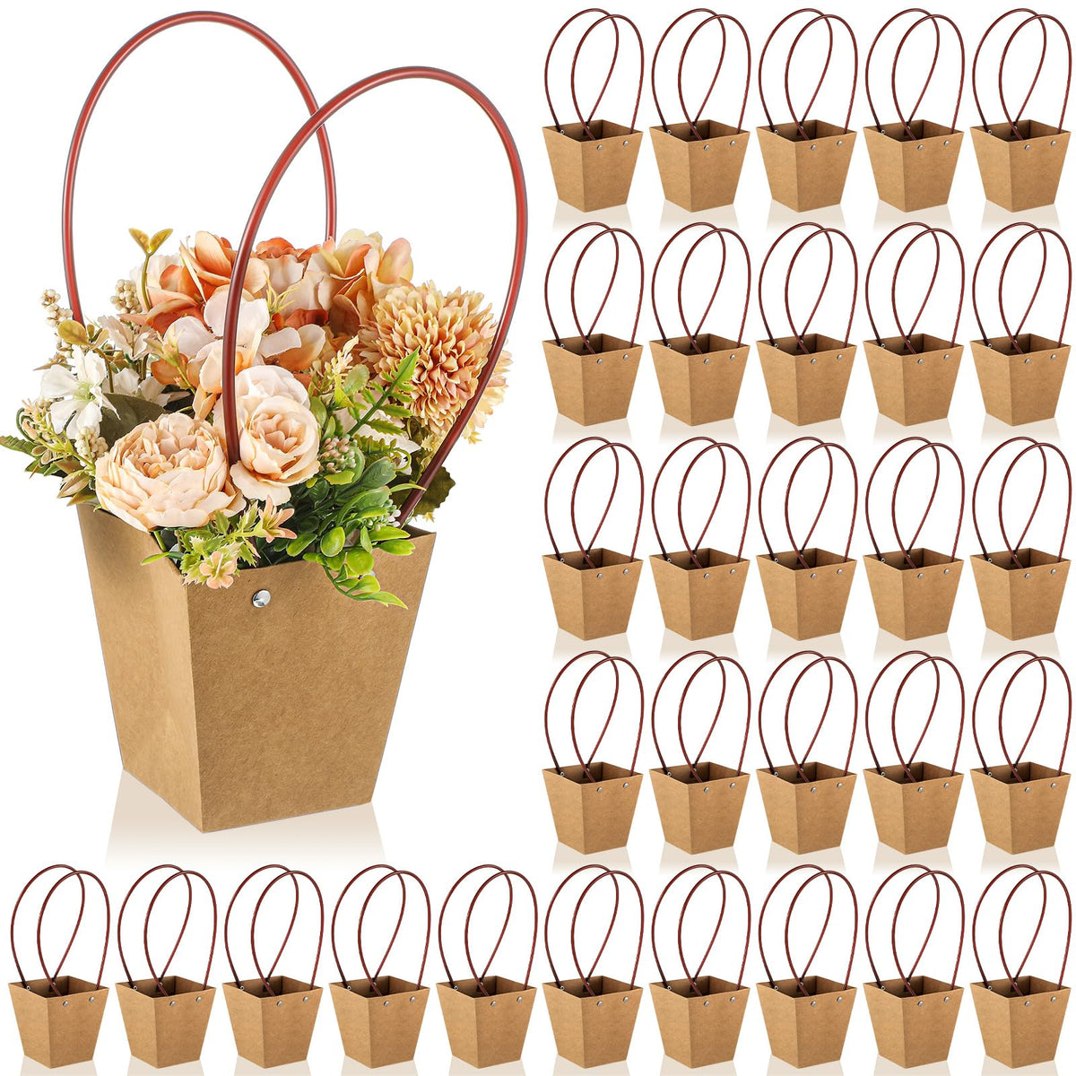 Gilprop 30 Packs Bouquet Bag Kraft Paper Flower Gift Bags with Handle Bouquet Bag Box with Waterproof Lining for Birthday Wedding Party Favors (13.4 x 4.9 x 4.7 x 3.2 Inch,Pink)