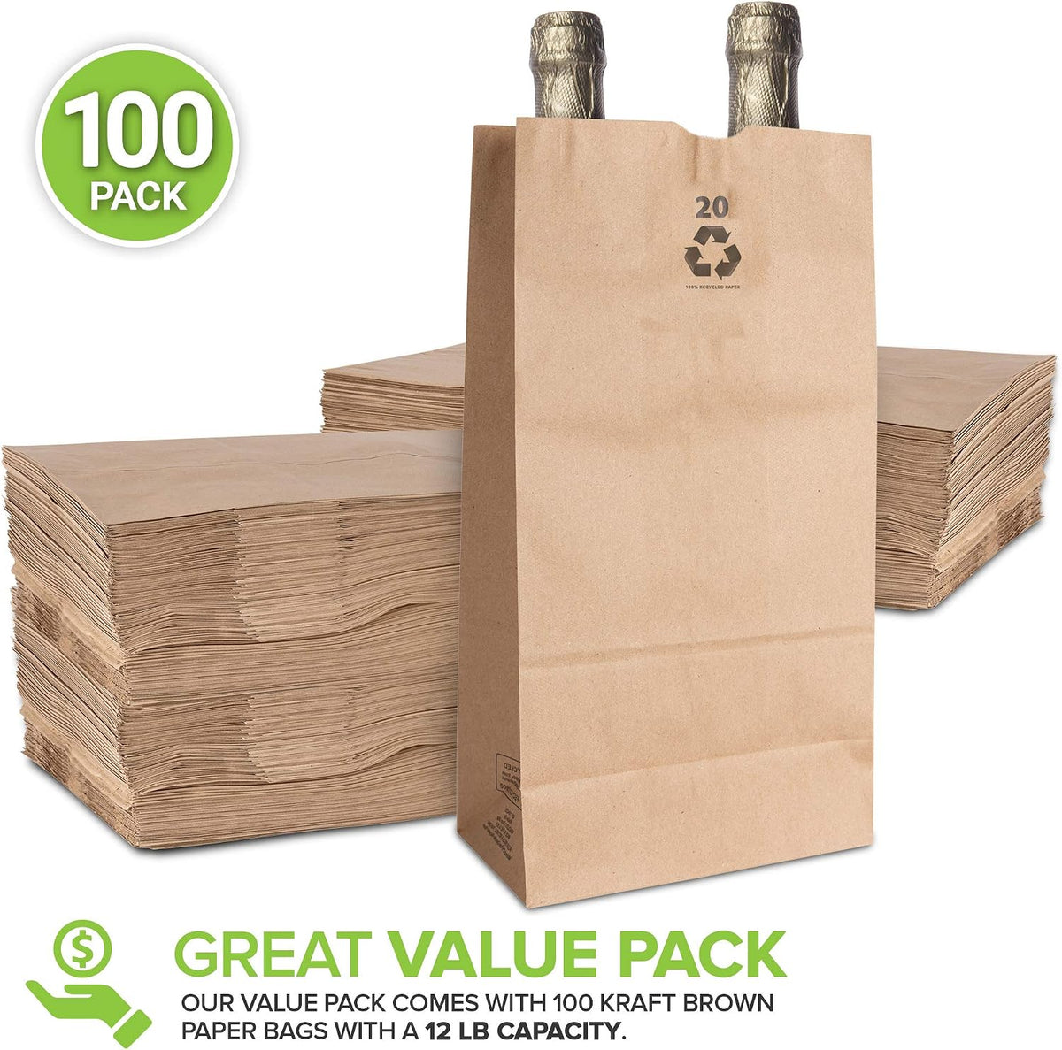 Stock Your Home 20 Lb Kraft Big Brown Paper Bags (100 Count) - Bulk Disposable Liquor Bottle Sacks, Extra Large Size Blank Bag, Good for Big Lunch, Grocery Food Shopping, and Arts & Crafts Projects