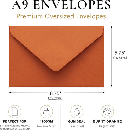 PONATIA A9 Envelopes, 5.75 x 8.75'' Burnt Orange Wedding Mailing Envelopes